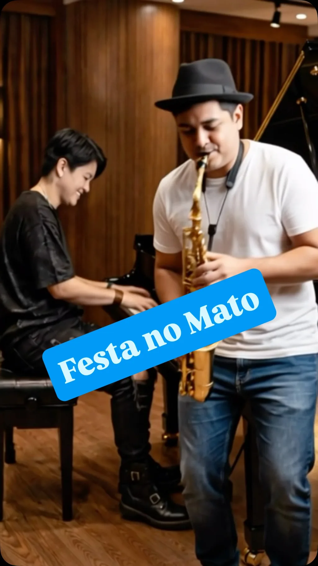 Dois músicos da banda, no piano e no sax, na arte Festa no Mato