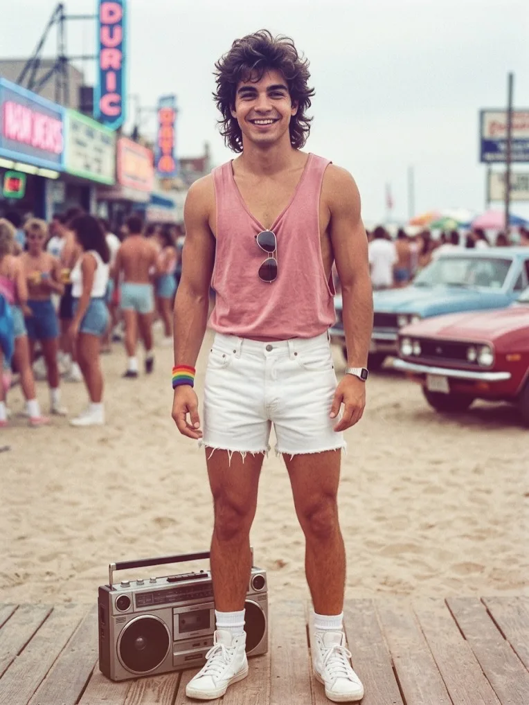 Integrante da Quinta Série C com um rádio toca-fitas na praia