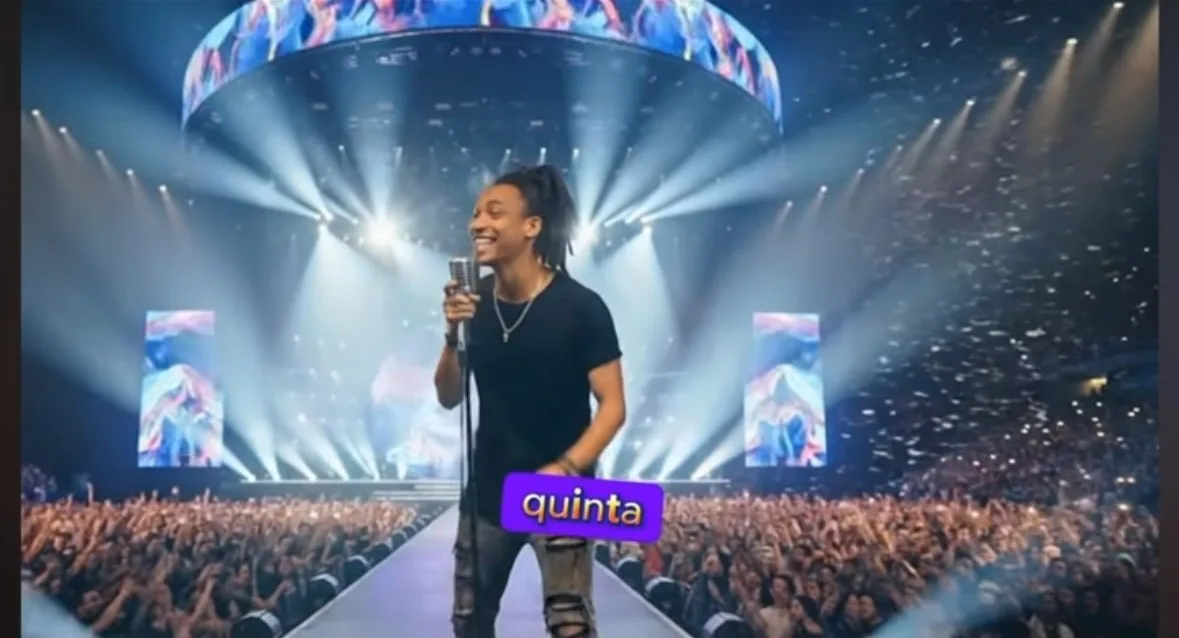 Integrante da Quinta Série C cantando num palco, com plateia e luzes